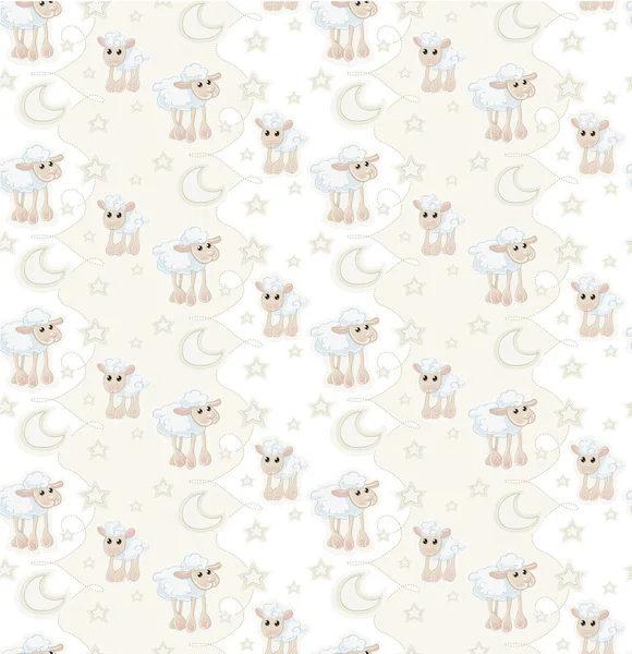Seamless pattern with cartoon sleepy baby sheep, stars and moon — Stock Vector