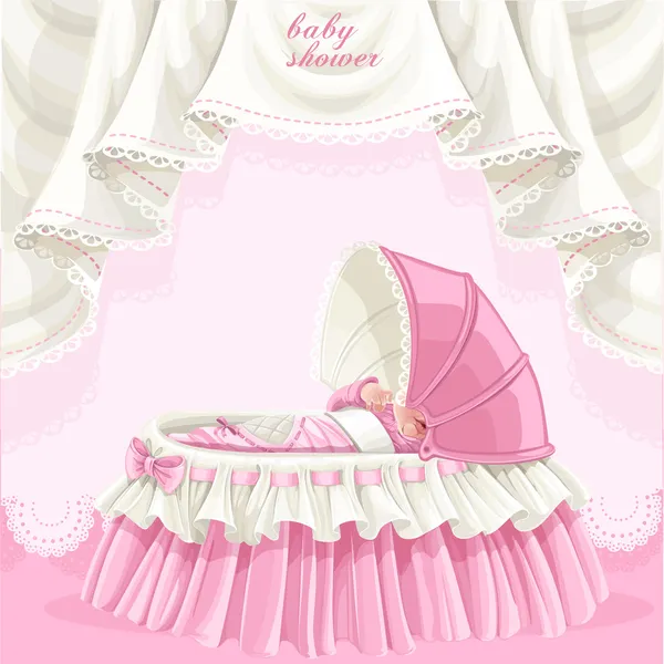 Pink baby shower card with cute little baby in the crib — Stock Vector