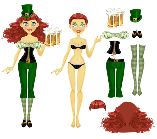 Duende-niña con muñeca de cerveza para vestirse con el pelo ondulado rojo — Vector de stock