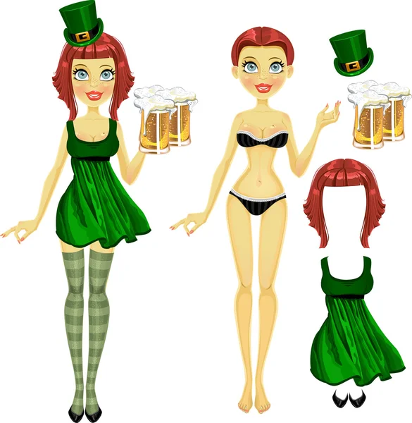 Girl in coquettish dress on St. Patrick's Day with a glass of beer — Stock Vector