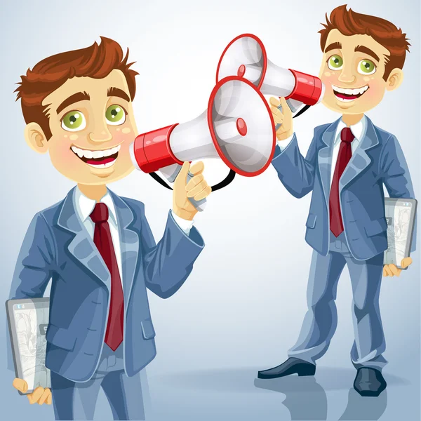 Cute businessman with electronic tablet speaks in megaphone — Stock Vector