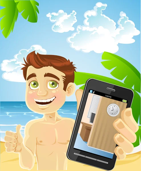 Hombre guapo en la playa muestra una foto su oficina en el teléfono — Archivo Imágenes Vectoriales