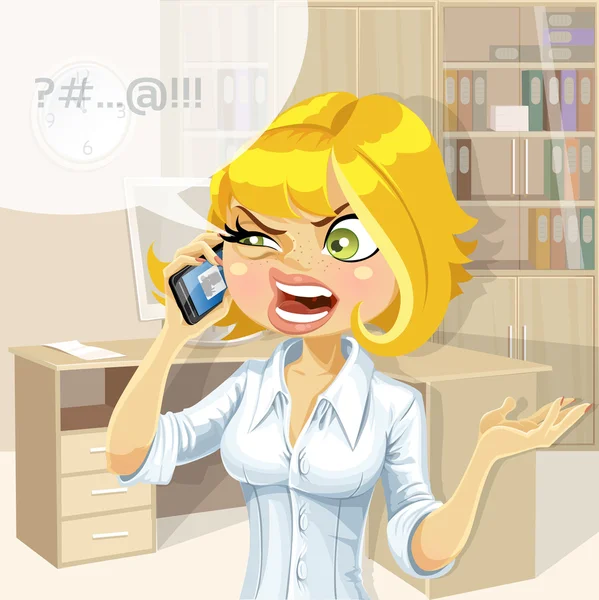 Linda chica rubia en oficina hablando por teléfono — Vector de stock