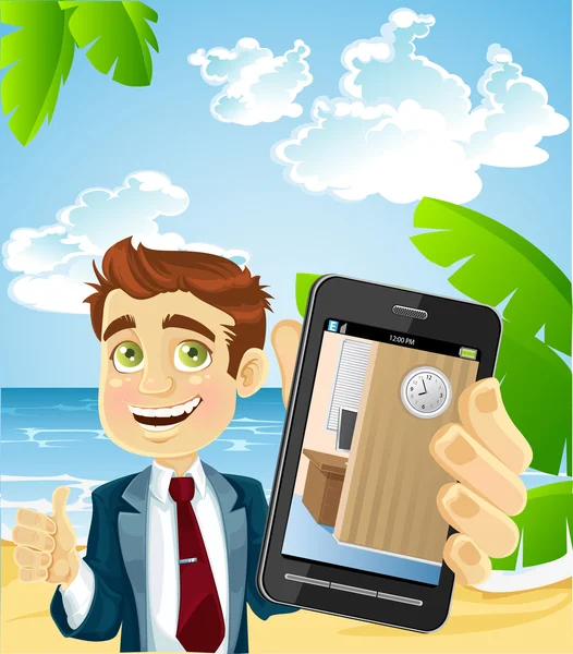 Cute man on the beach shows a photo his office on the phone — Stock Vector