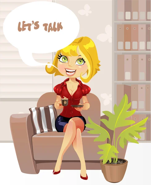 Beautiful blond girl in brown armchair with cup coffee offers "let's talk" — Stock Vector