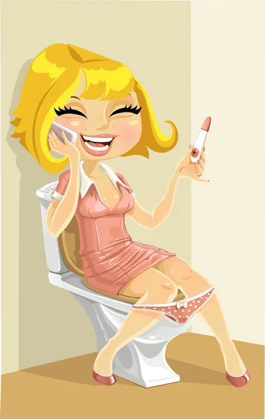 Красива дівчина в туалеті говорить по телефону про позитивний результат тесту на вагітність — стоковий вектор