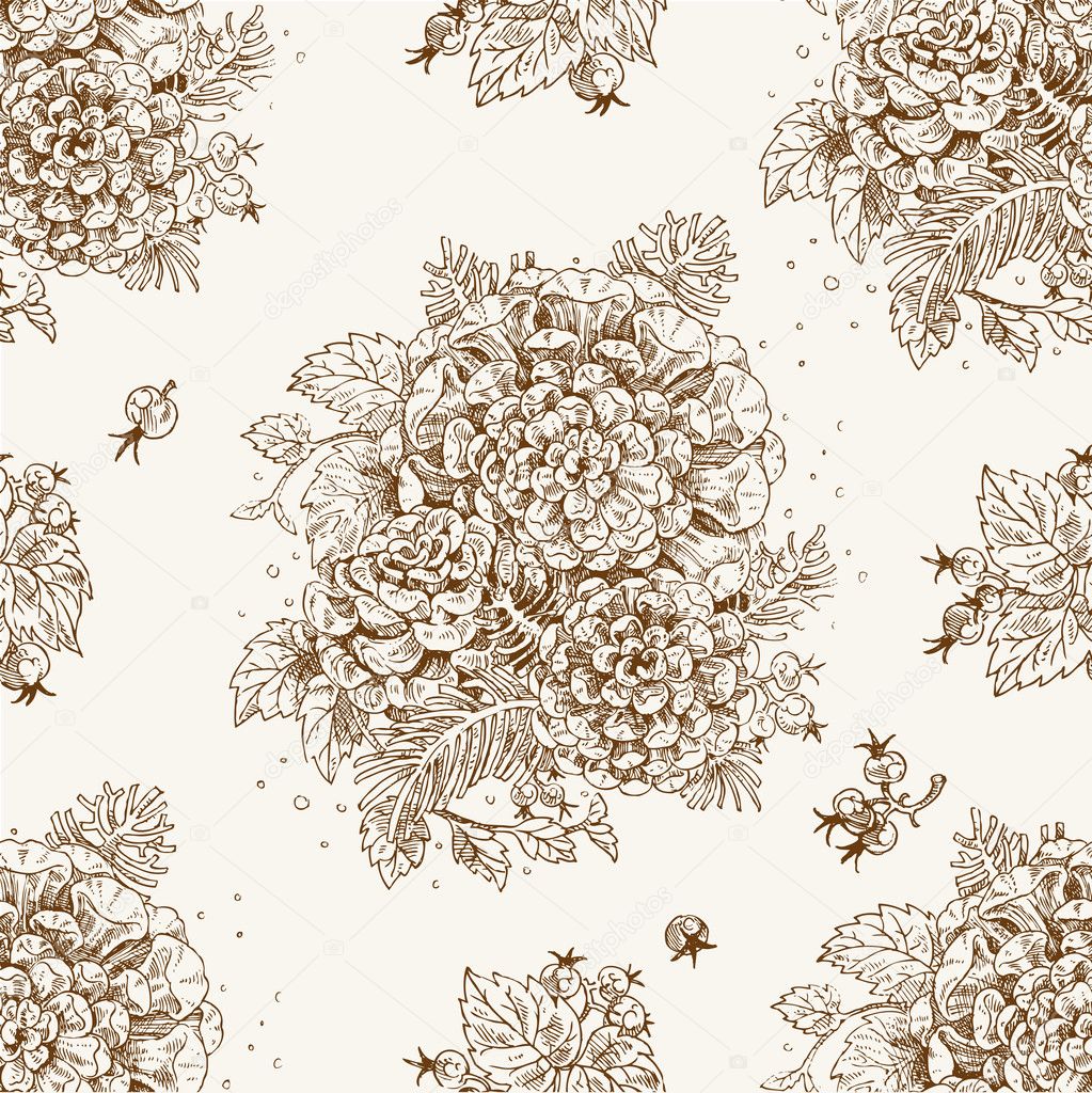 Seamless vintage decorative ornament of stylized flowers and berries