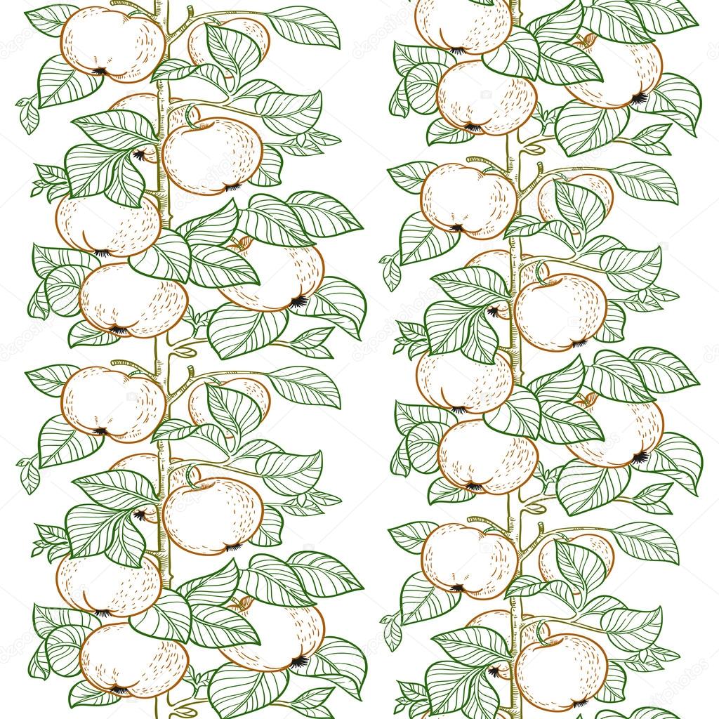 Seamless line pattern of the branches of the apple trees with apples