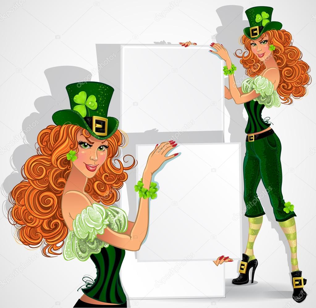 Orange-haired Leprechaun girl with placard for text
