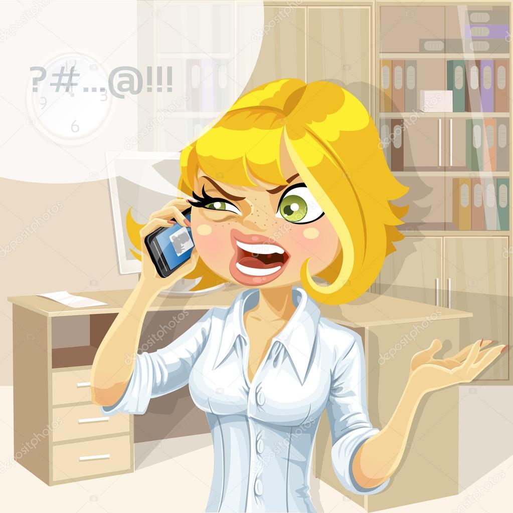 Cute blond girl in office talking on the phone