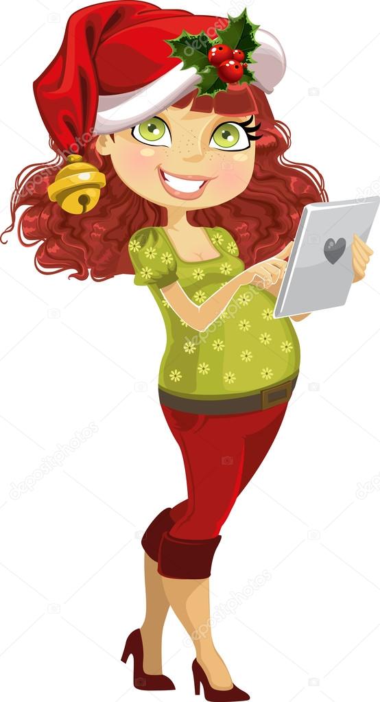 Young pregnant woman with tablet computer in Santa suit