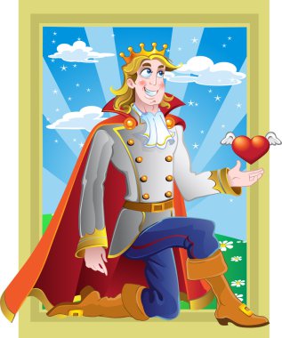 Prince charming ask princess hand in marriage on fairytale landscape clipart