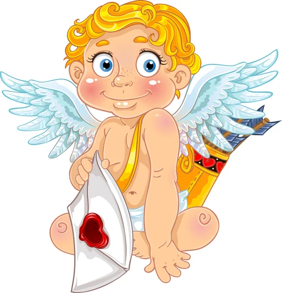 Cupido con flechas y carta de amor — Vector de stock