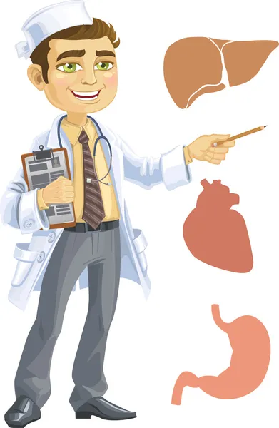Schattig arts - vermelding van de lever, hart, maag — Stockvector