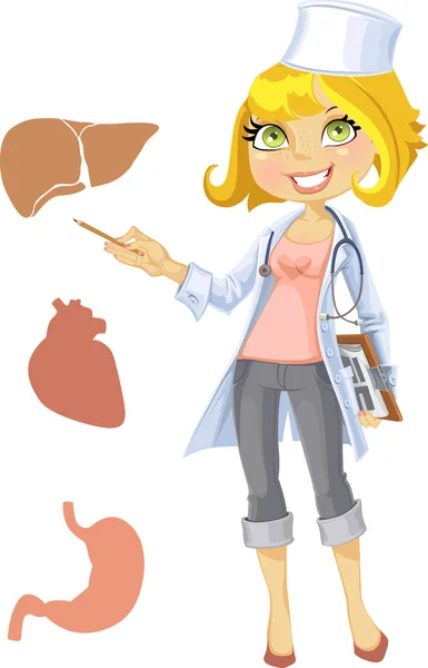 Cute blond girl doctor - indicating at the liver, heart, stomach — Stock Vector