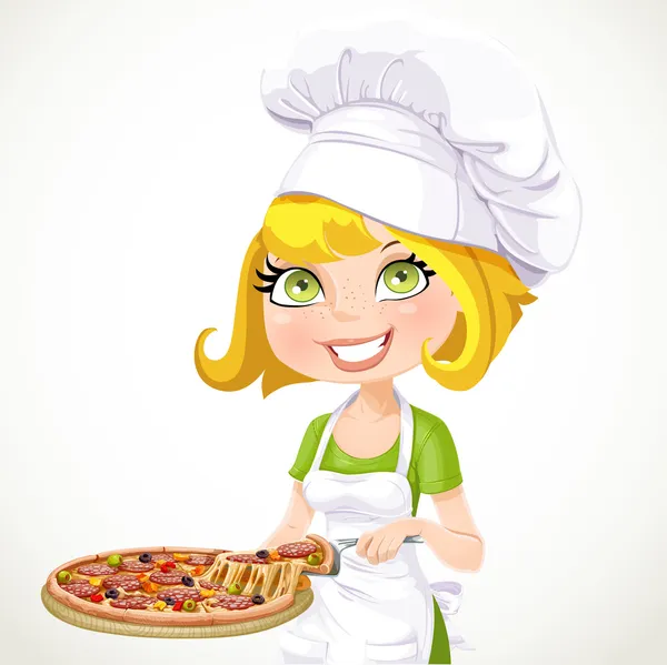 Cute girl chef offers a taste of pizza — Stock Vector