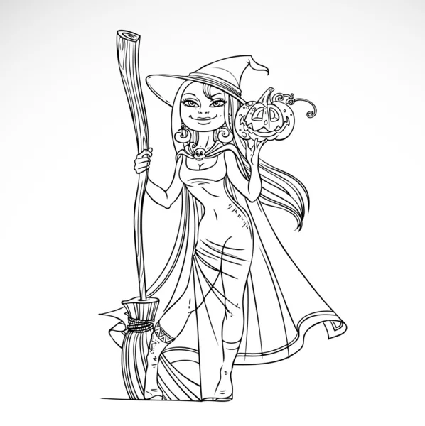 可爱的女巫，拿着扫帚和南瓜 — 图库矢量图片