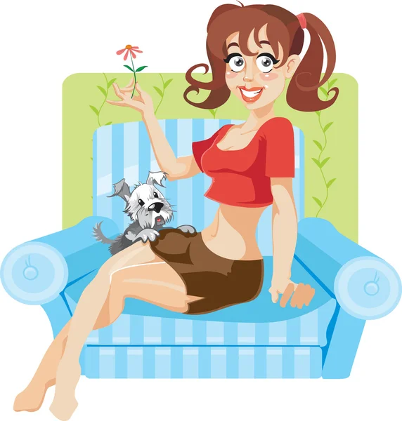 Girl sitting in armcair with a dog — Stock Vector