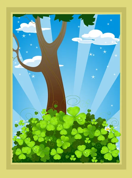 Paisaje de cuento de hadas con trébol y árbol — Vector de stock