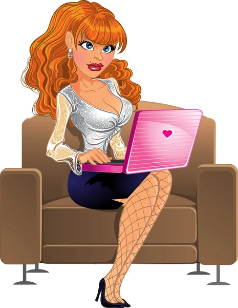 Girl with computer on the brown armchair — Stock Vector