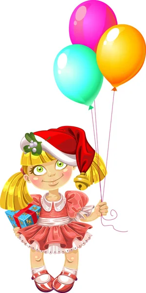 Little fairy in red dress with balloons in red Santa's hood — Stock Vector