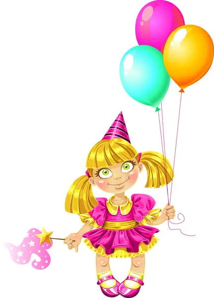 Little fairy in pink dress with balloons — Stock Vector