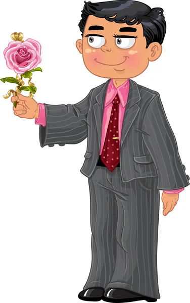 Men in suit make a present pink rose — Stock Vector