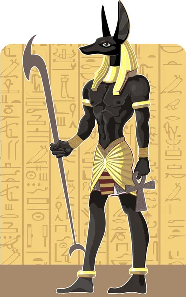 エジプトの背景に強大な素晴らしい暗いアヌビス — ストックベクタ