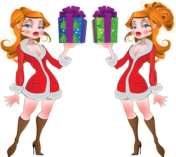 New Year 's girls with gifts variated coiffure in Santa dress — стоковый вектор