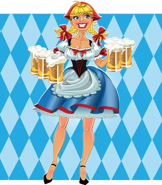 Fille d'Oktoberfest blond avec de la bière en jupe courte — Image vectorielle