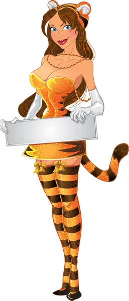 Hermosa chica de promoción en traje de tigre con bandera en sus manos — Vector de stock