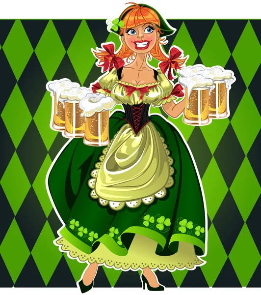 Όμορφη καλλικάτζαρος κορίτσι στο πράσινο με μπύρα σε πράσινο φόντο — Διανυσματικό Αρχείο