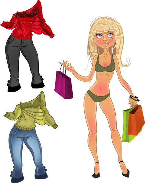Hübsche nackte blonde Shopping Glamour-Mädchen mit Kleidung — Stockvektor