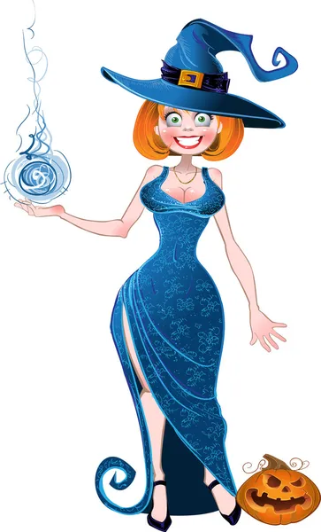 Jolie sorcière avec boule de feu en robe bleue et citrouille — Image vectorielle