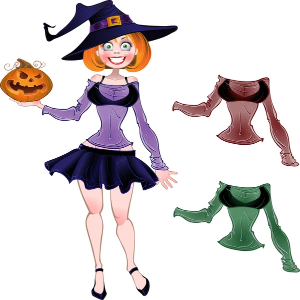 Bonita bruja con calabaza y conjunto de blusa de diferentes colores — Vector de stock