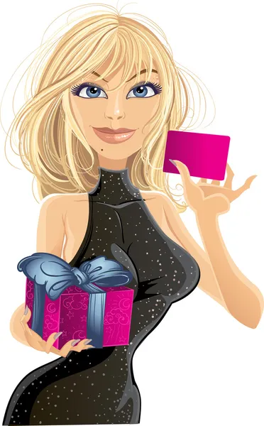 Pretty young girl in black dress with card and gift — Stock Vector