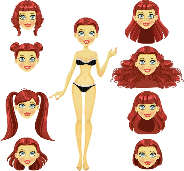 交換可能なヘアスタイルと赤髪ドレッシング人形 — ストックベクタ