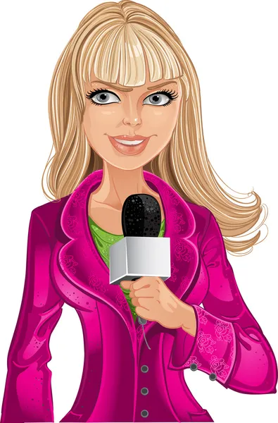 Reporter blond girl in pink with microphone — Stock Vector