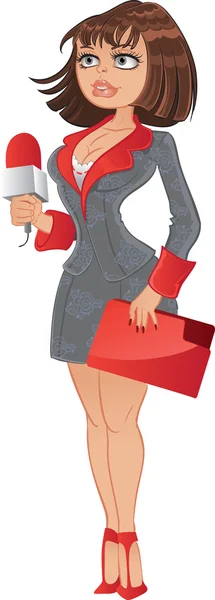 Reporter girl in gray suit with red folder — Stock Vector