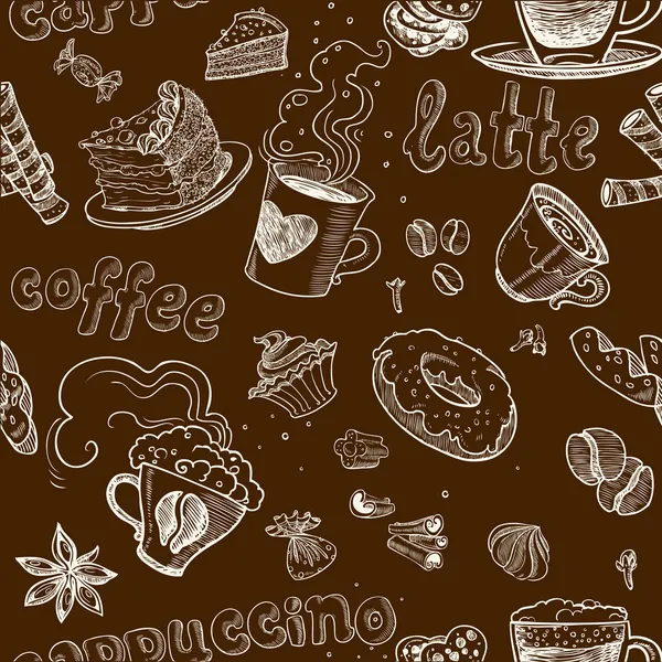 Bezešvé vzorek kávy dorty koláče latte a cappuccino na tmavém pozadí — Stockový vektor
