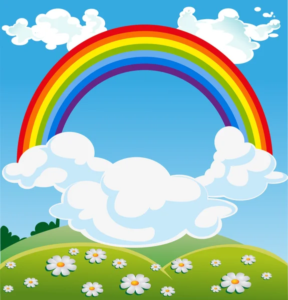 Cielo con arco iris sobre campo verde con margaritas — Vector de stock