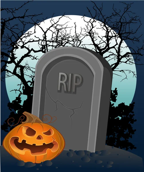 Halloween decoration - a grave with a pumpkin in the night — Stock Vector