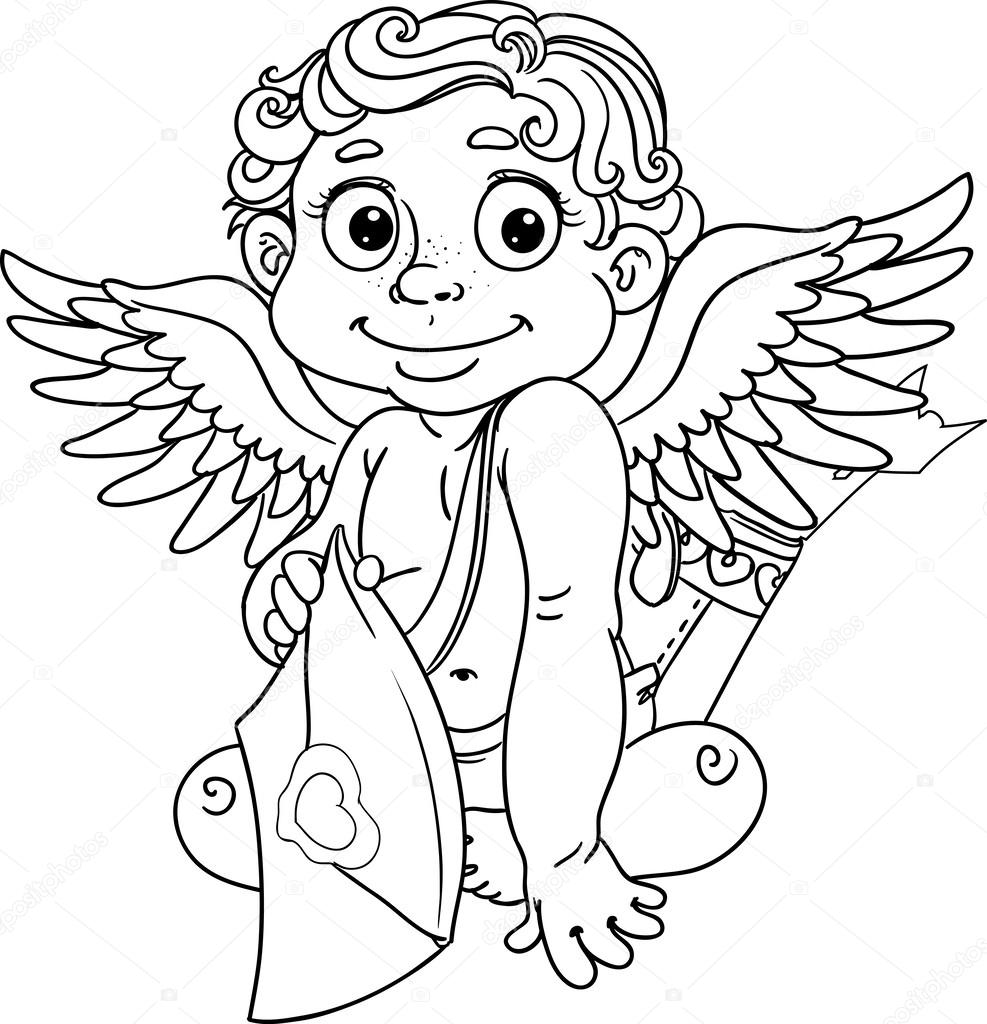 Cupid with love letter and arrows black outline for coloring