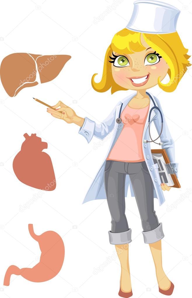 Cute blond girl doctor - indicating at the liver, heart, stomach