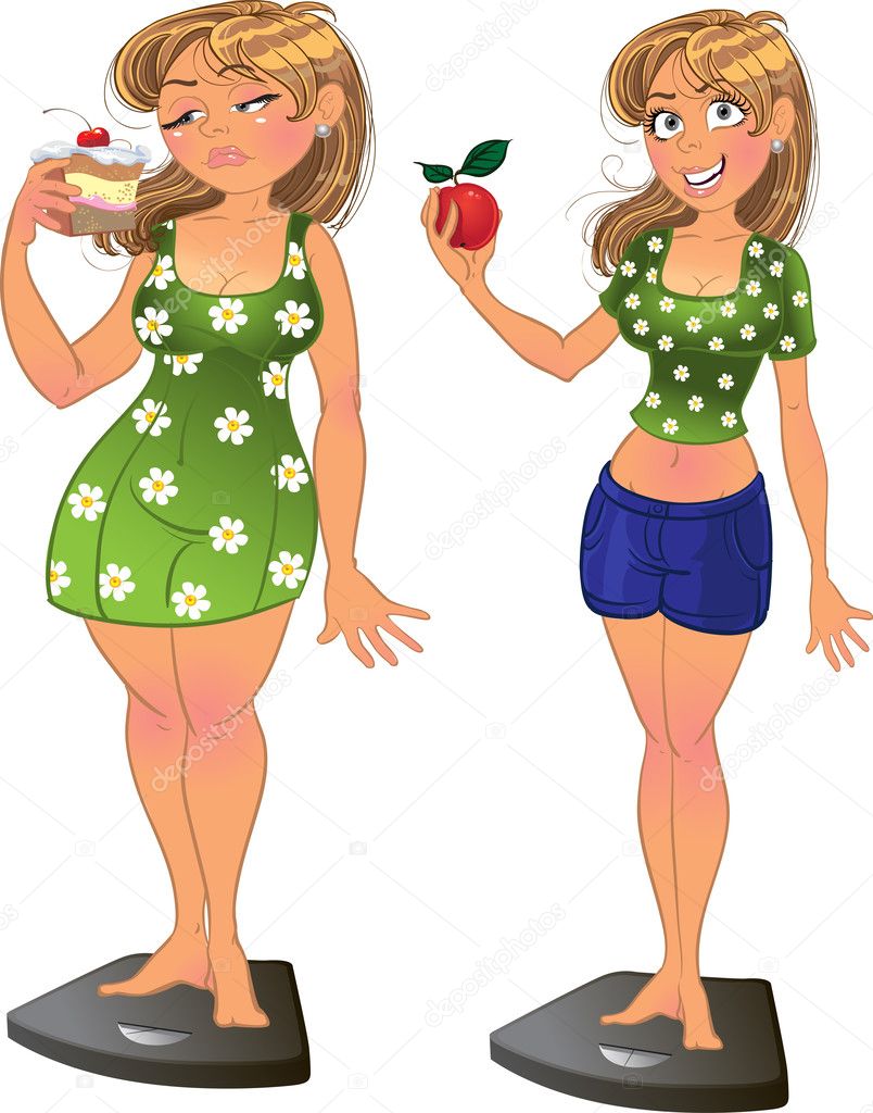 Fat girl with pie and slim after sport and diet with apple