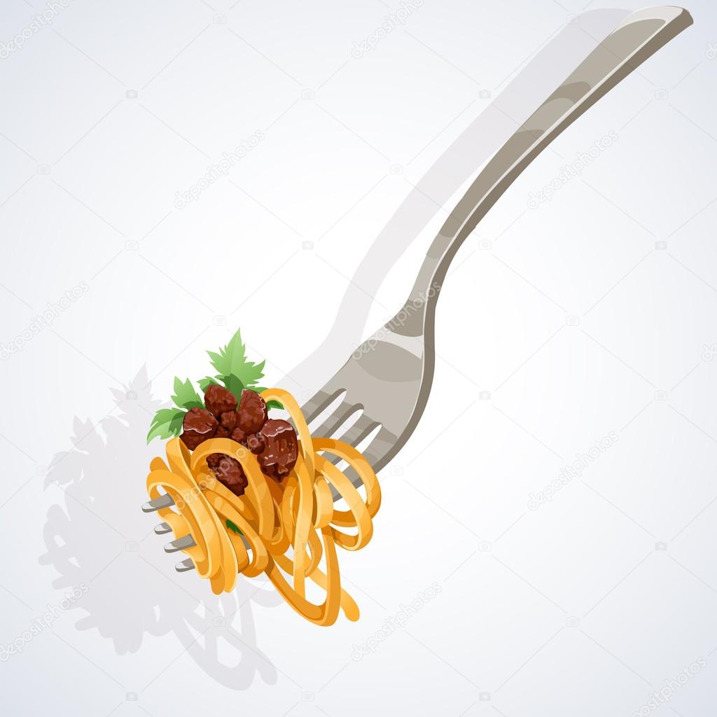 Italian food. Pasta with tomato and meat on fork