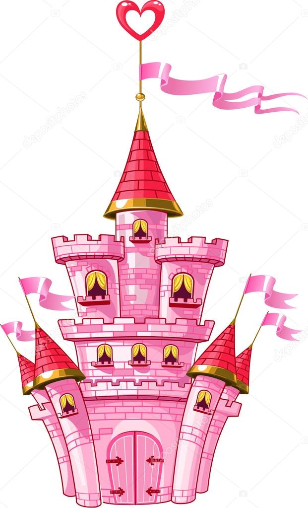 Magical fairytale pink castle with flags