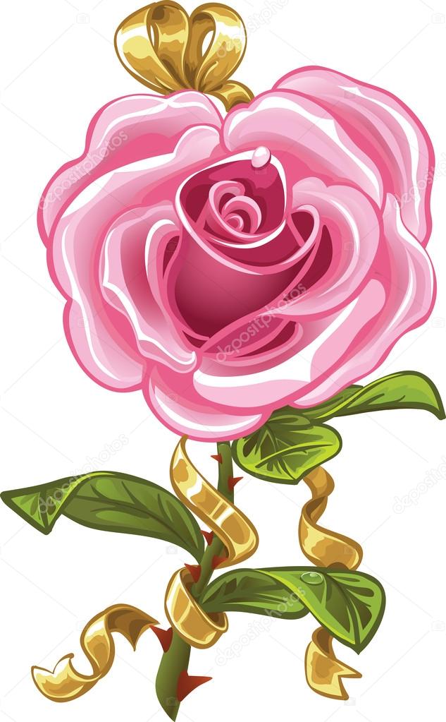 Pink rose in the shape of heart and gold bow