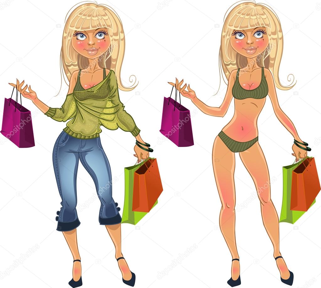 Pretty nude blond shopping glamor girl and blond in clothes