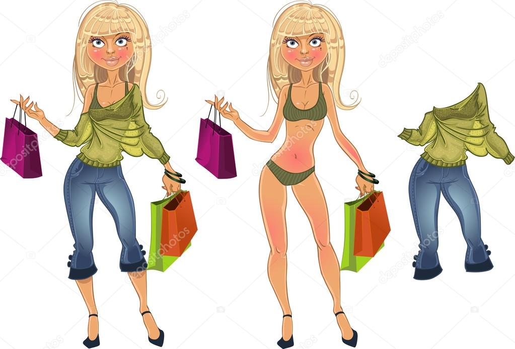 Pretty nude blond shopping glamor girl and blond in clothe